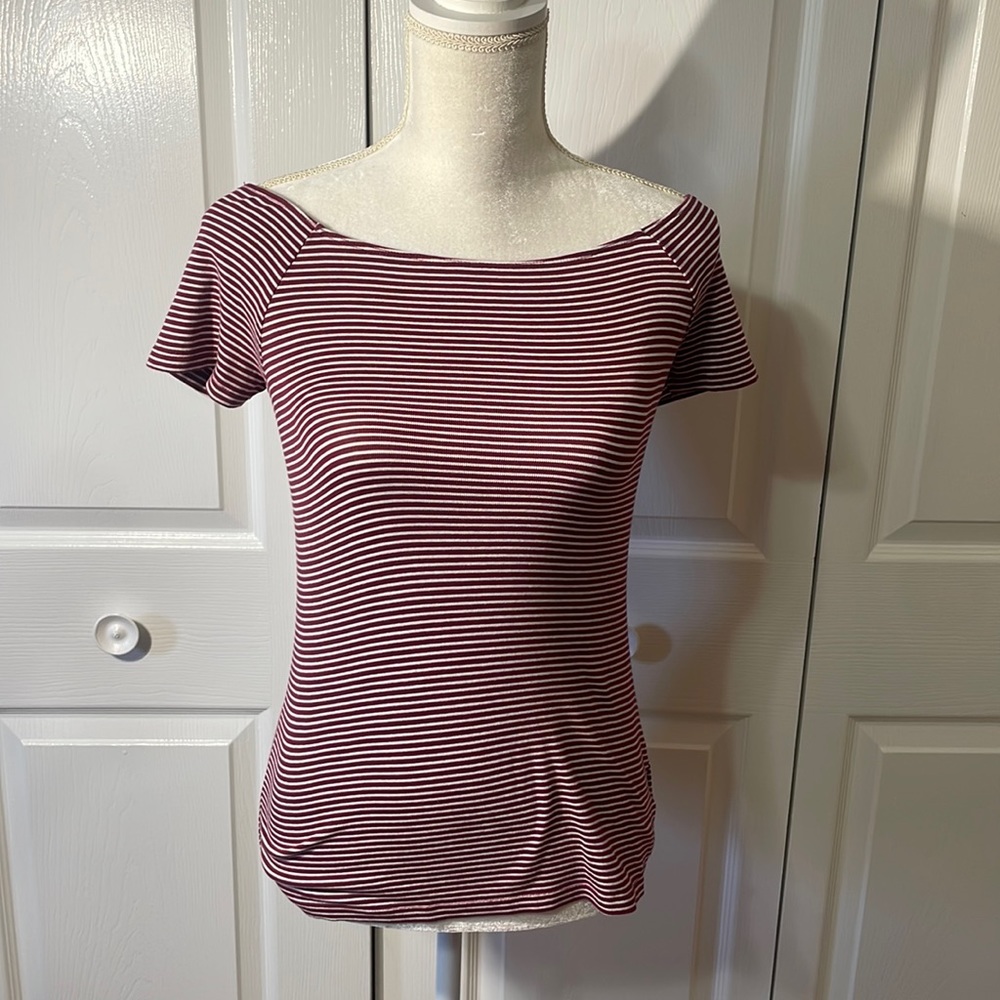 Off the shoulder Burgundy/ White stripped shirt